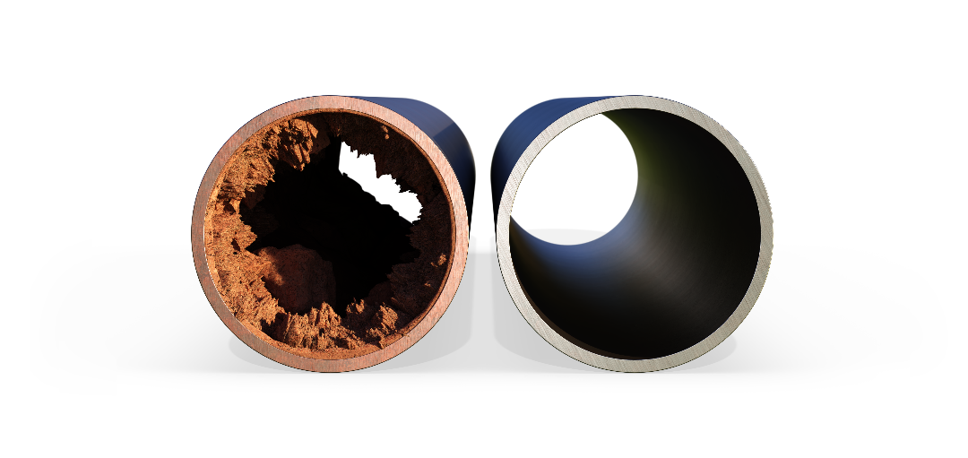 Bilde av to rør hvor det ene ikke har hatt vannbehandling og er helt fylt med rust